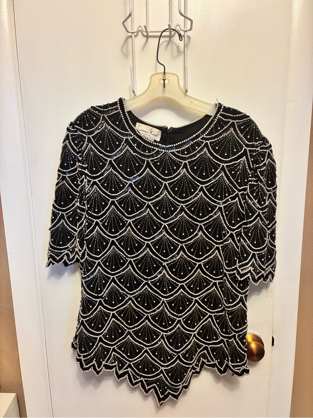 Laurence Kazar Black Beaded Scallop-Pattern Evening Top